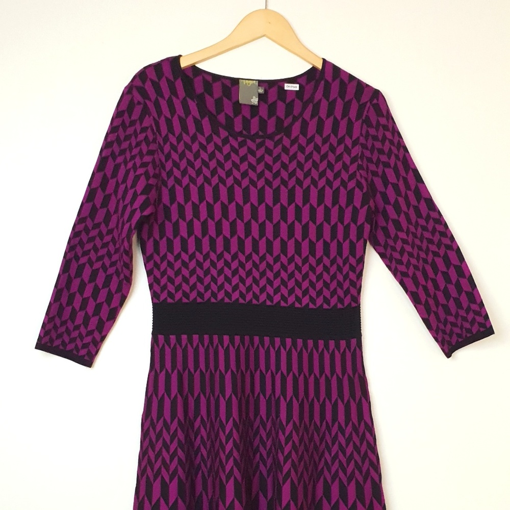 70s Geometric Long Sleeve Sweater Dress, Medium